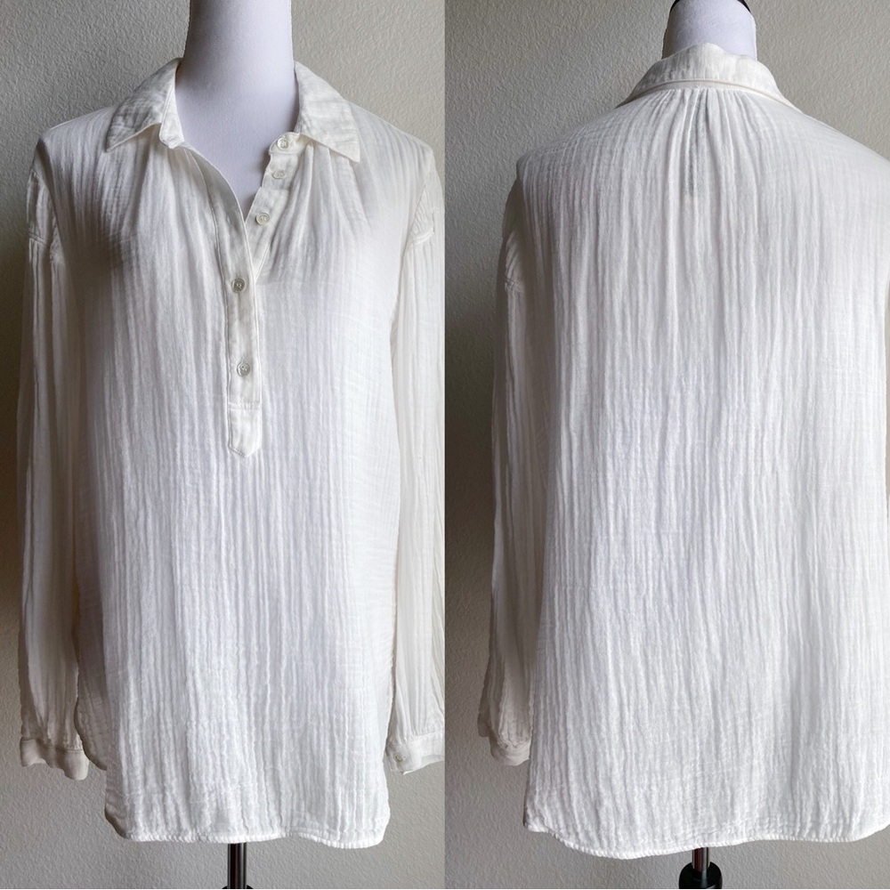 Raquel Allegra White Long Sleeve Cotton Gauze Henley Blouse 2 (L)